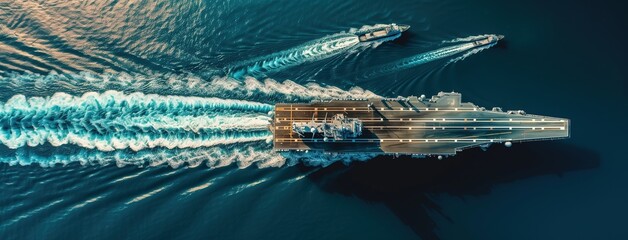 Aerial view of an aircraft carrier and three trawlers on the open sea