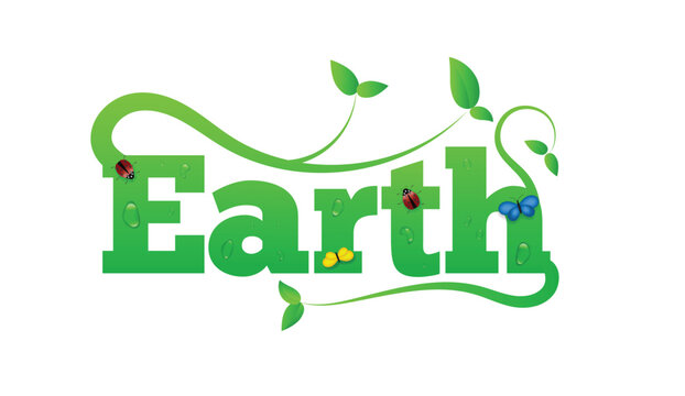 Earth Letters with Green Leaves and Insects. Nature and wildlife concept vector