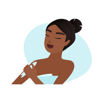 Young woman using cream to moisturize skin of shoulders after shower vector illustration