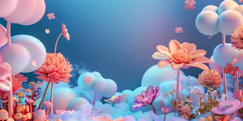 Foto auf Acrylglas 3D render, illustration 16K cute landscape, 3d flowers, earth day, neon color, 3d cute clouds, CAD, gradient blue background © rajagambar99