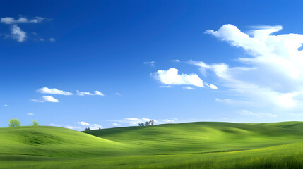 Fototapeta premium Digital technology blue sky white clouds green hills abstract poster web page PPT background