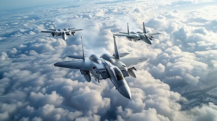 Three fighter jets flying in formation above the clouds