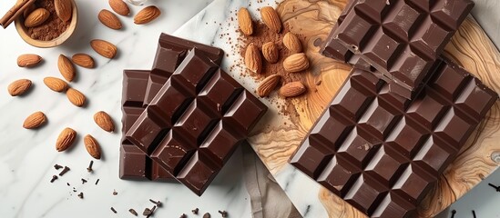 Chocolate bar on a wooden board with nuts scattered nearby, almonds, cinnamon, and cocoa powder on a white marble countertop