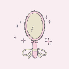 Coquette style pink hand mirror. Self care accessory with bow. Cute outline drawing. Glamour princess fashion aesthetic. Vector illustration