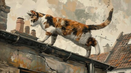 A Charming Tri Colored Feline is Frolicking on the Roof