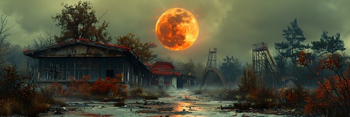 A mysterious, abandoned amusement park, with rusting rides and overgrown paths, under a full moon - obrazy, fototapety, plakaty