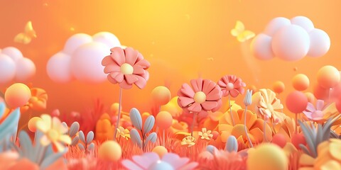 Fototapeta na wymiar 3D render, illustration 16K cute landscape, 3d flowers, earth day, neon color, 3d cute clouds, CAD, gradient orange background