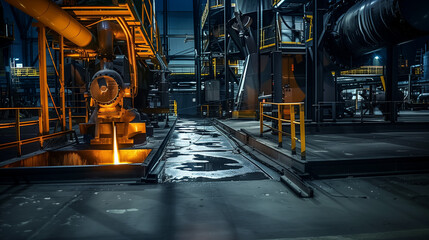 inside of a industial manufacturing plant. steel mill or chemical production site.