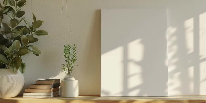 Video mockup of black canvas or picture frame for small poster in shelf in white minimalistic interior. With warm sunny light