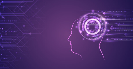 Artificial intelligence vector illustration. Technology background template. Abstract high tech brain on a purple background. Data analysis, neural network.