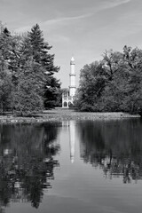Historical minaret in Lednice, Czech Republic, Europe, Muslim tower in the park in black and white