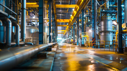 inside of a industial manufacturing plant. steel mill or chemical production site.