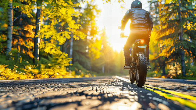 Dynamic Motorcycle Ride Through a Forest Road, Emphasizing Speed and Freedom, Perfectly Captured in a Scenic Outdoor Adventure