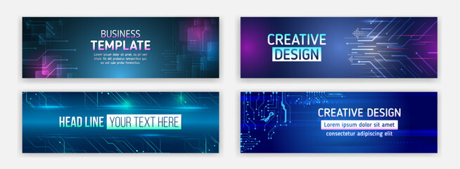 Modern banner design with technology element. Data protection, internet communication, science, big data, cover design set. Sci-fi vector sample concept. High-tech horizontal banner template.