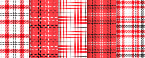 Plaid seamless pattern. Gingham red black background. Set checkered buffalo prints. Tartan table cloth texture. Flannel tablecloth. Kitchen napkin textile. Picnic geometric cloth. Vector illustration 