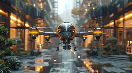 A shiny, silver drone delivering a package in front of a modern, glass-paneled building.