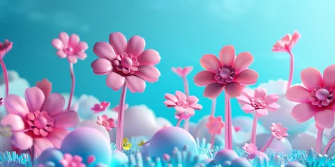 3D render, illustration 16K cute landscape, 3d flowers, earth day, neon color, 3d cute clouds, CAD, gradient blue background © rajagambar99