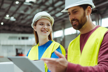 Smiling woman wearing hard hat and work wear holding box, listening to foreman, he using tablet