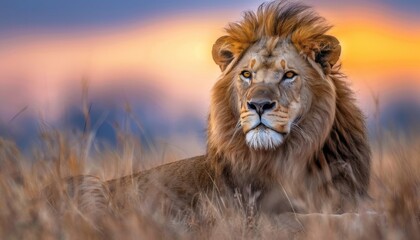 Majestic male lion in savannah at sunset, symbolizing the king of the wild in its natural habitat