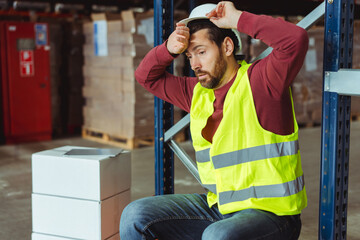 Overworked worker man, engineer wearing hard hat and work clothes sitting in warehouse, looking away