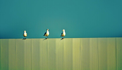 Birds (gulls) sit on a metal monotonous green fence. It is reminiscent of conceptual and minimalist...