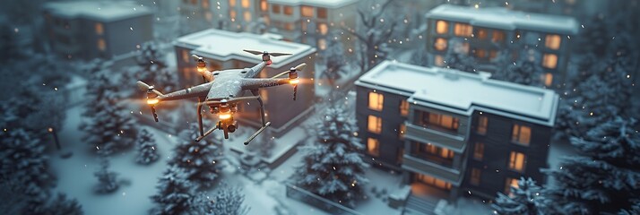 A shiny, silver drone delivering a package in front of a modern, glass-paneled building.