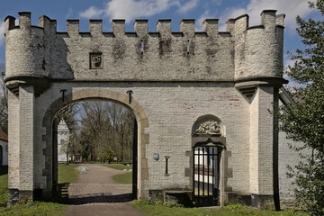 Forrtified entrance gate to Drongengoedhoever, medieval farm in Drongengoedbos nature reserve, Ursel, Flanders, Belgium 