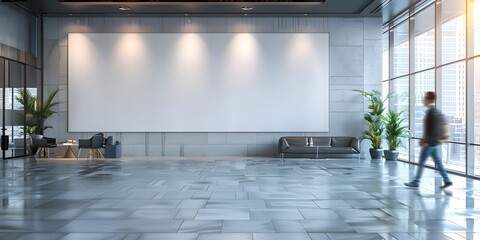 Blank billboard in corporate meeting room with passing businessman motion blur ideal for dynamic branding presentations