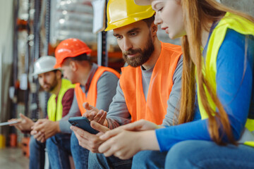 Smiling engineers wearing hard hats and work wear bearded man holding mobile phone, using mobile app