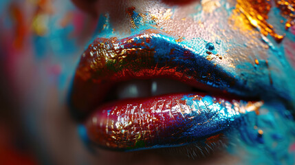 Colored Paint on A Gorgeous Woman Wet Lips With Colorful Lipstick Blurry Background