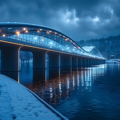 A sleek, modern bridge spanning a wide river, lit up with dynamic LED lights against the night sky. 