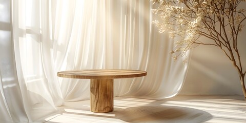 Elegant Wooden Table Setting With Soft Lighting and Curtains for Cosmetic and Skincare Product Displays
