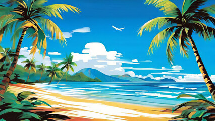Fototapeta na wymiar a tropical paradise, vibrant summertime background featuring swaying palm trees, a radiant summer sun, evoking the essence of the season.