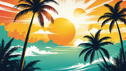 Obraz premium a tropical paradise, vibrant summertime background featuring swaying palm trees, a radiant summer sun, evoking the essence of the season.