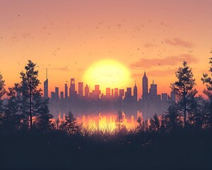 Sunset Silhouette of City Skyline and Forest
