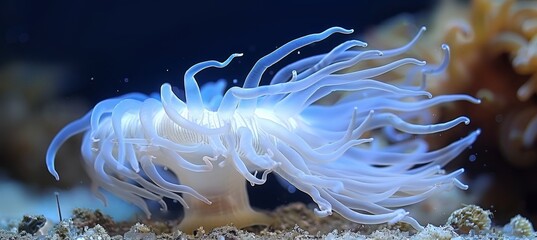 Obraz premium Colorful sea anemone thriving in vibrant coral reef environment, showcasing marine life diversity