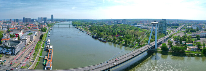 Bratislava bridge „Most Slovenskeho narodneho povstania“ Slovakia in beautiful weather, aerial view in Europe
