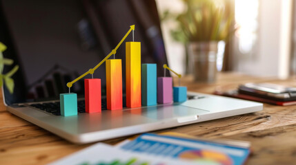 Color, home and laptop with charts, seo or planning for funding or campaign for analytics. House, computer or graph with development or statistics with data analysis or information for company growth