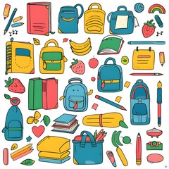 Set of minimalist 'Back to School' doodle clip art, featuring vibrant, colorful illustrations, each isolated on a white background.