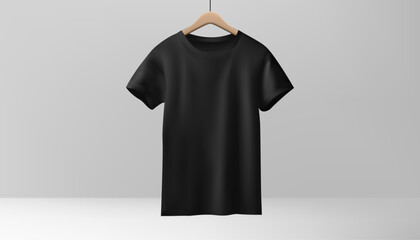 A black tshirt mockup hangs on a wooden hanger against a white backdrop. For showcasing fashion designs for both men and women, providing a realistic presentation. Not AI.