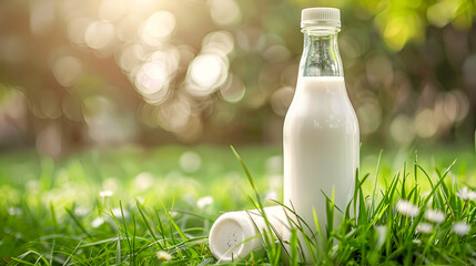 Bottle of cold milk on the grass background . Fresh dairy products. Nature background,A bottle of fresh milk on a sunny summer farm meadow, grass, nature and plants.