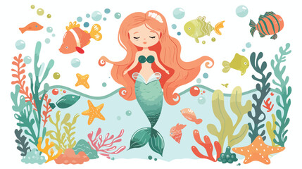 Obraz na płótnie Canvas Cute cartoon mermaid under ocean vector illustration.
