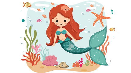 Cute cartoon mermaid under ocean vector illustration.