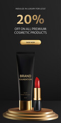 Banner luxury 3D black and gold foundation tube and lipstick stands on a podium background. Elegant showcase for cosmetic products, perfect for advertising or packaging presentations. Not AI.