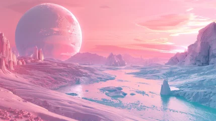 Fototapeten landscape with mountains, moon and spaceship, Pink nebulae © Lerson