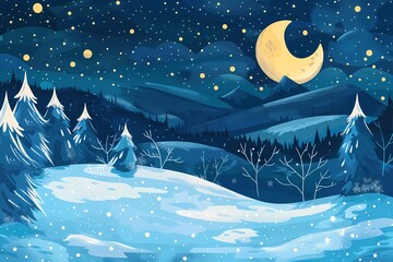 Night winter background, Cartoon Illustration - obrazy, fototapety, plakaty