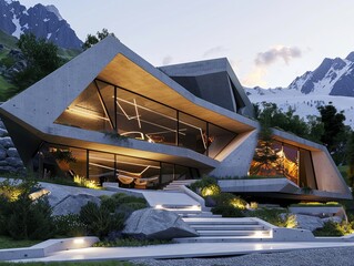 A modern house on a mountain hill with sky, grass, plants, and windows