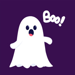 Cute ghost floating with Halloween pumpkin basket for Trick or Treat. Funny spooky boo character. Spook phantom with happy smiling face expression. Isolated kids flat vector illustration.