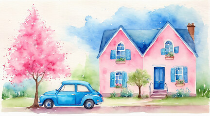 Cute vintage car and lovely home with beautiful pink flower blossom in watercolor painting style, generative AI.