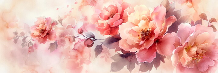 Delicate watercolor background with elegant peonies on a floral theme. Generative AI